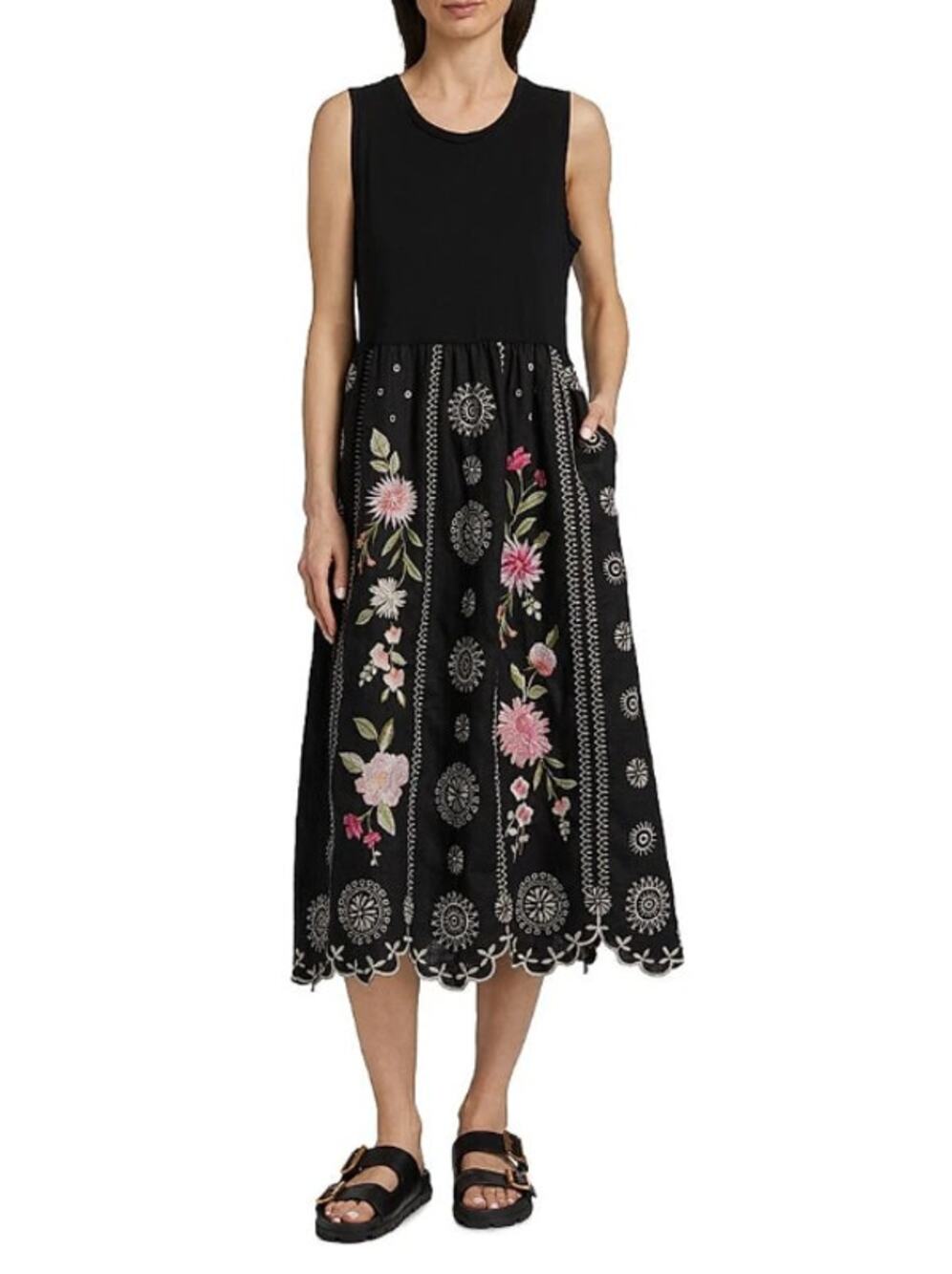 JOHNNY WAS Della Tank Midi Dress Medium Black Floral-Embroidered Linen NWT